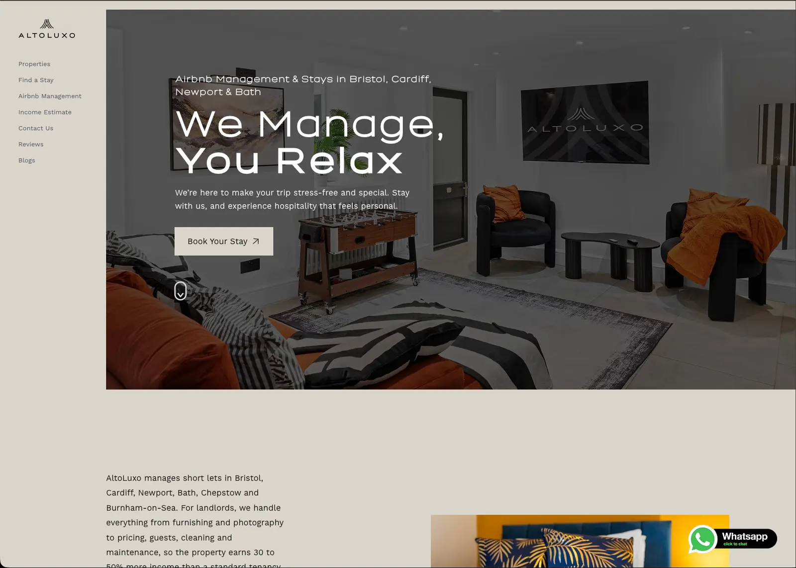 Alto Luxo homepage: the headline “We Manage, You Relax” over a living room, with a Book Your Stay button