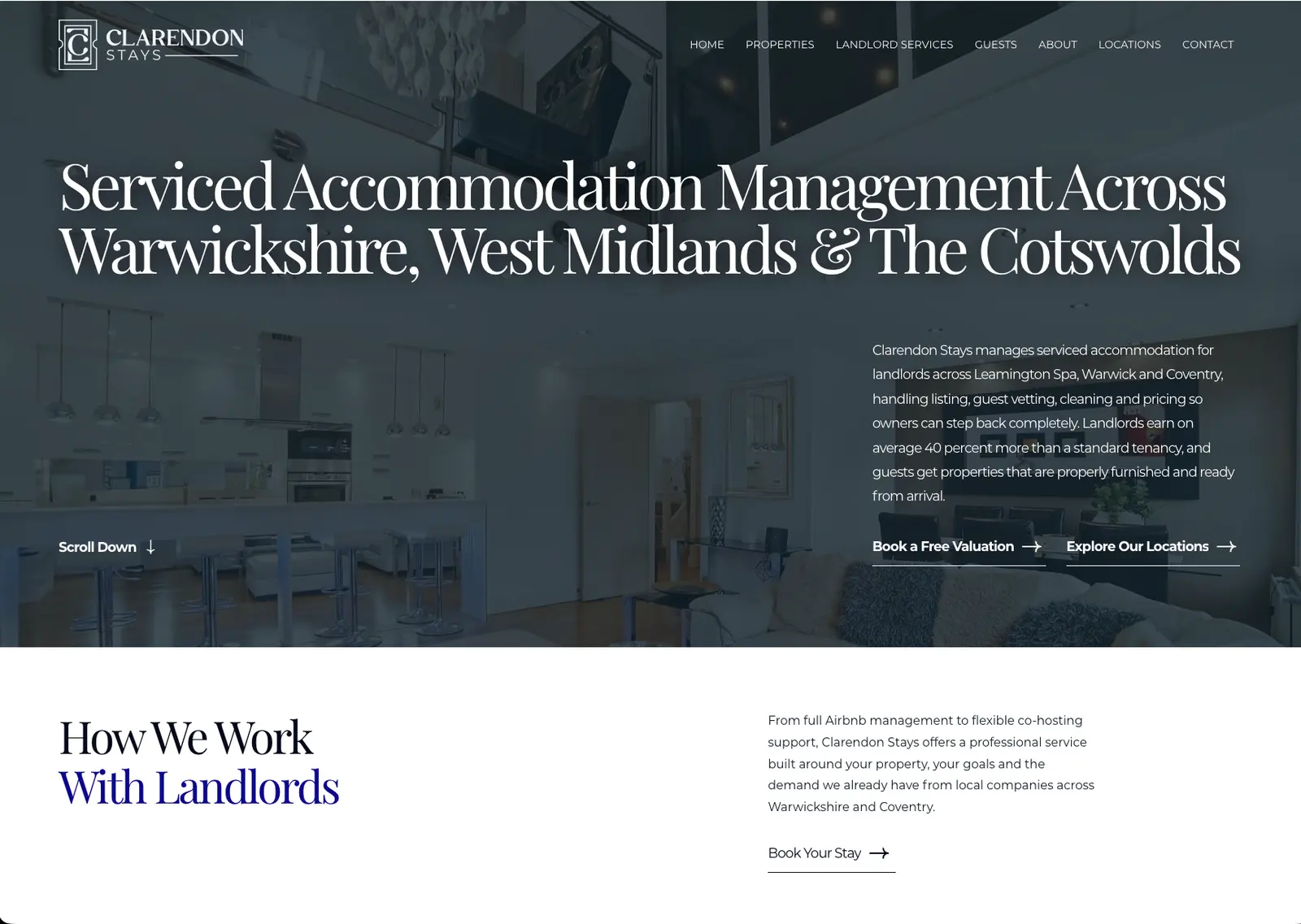 Clarendon Stays website, which addresses landlords from its homepage