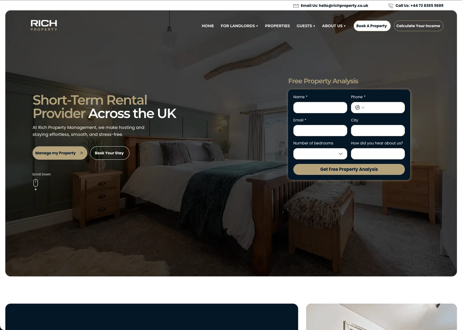 Rich Property homepage: “Short-Term Rental Provider Across the UK” beside a free property analysis form