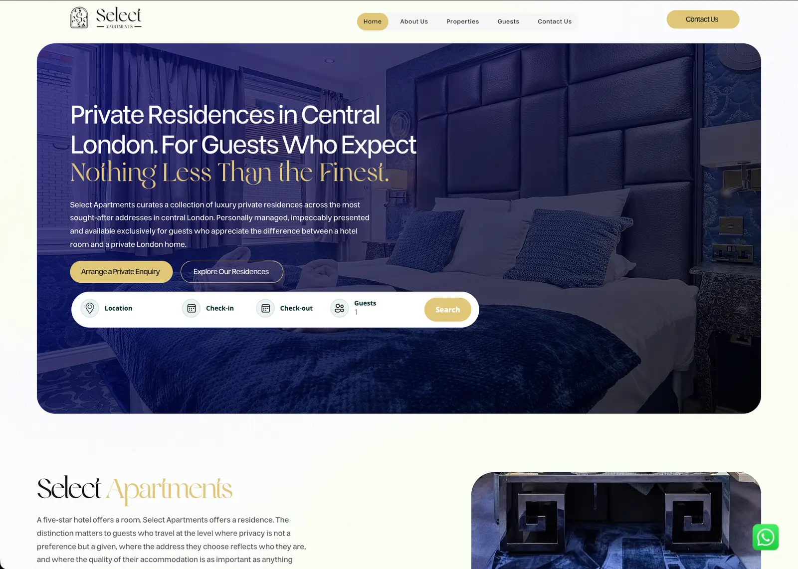 Select Apartments homepage: “Private Residences in Central London” with a booking search bar