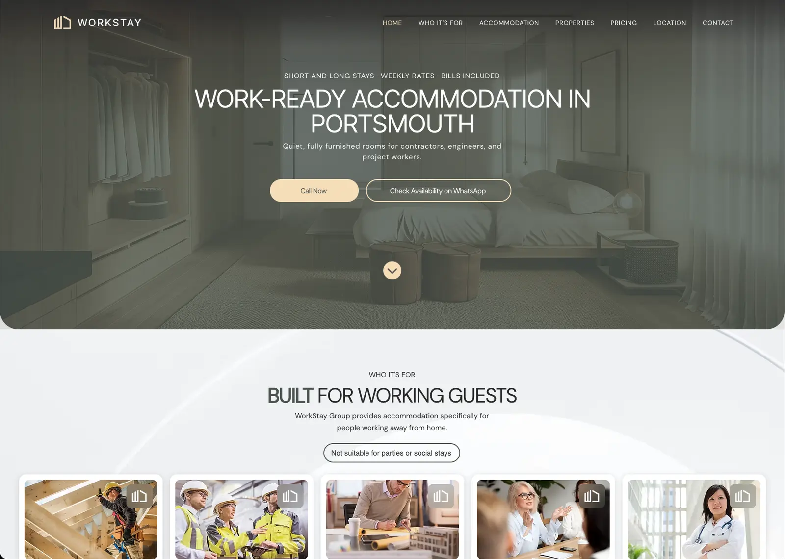 Workstay homepage: “Work-ready accommodation in Portsmouth”, with a section built for working guests
